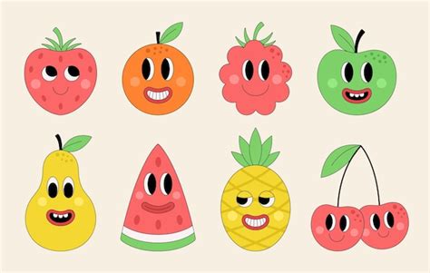 Premium Vector Set Of Funny Groovy Fruits Cute Simple Character