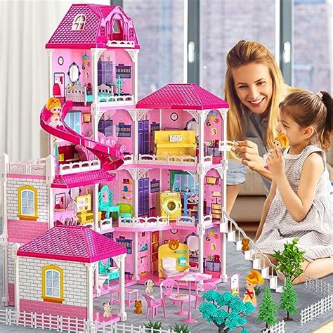 Temi Dream Doll House Pink Girl Toys 4 Stories 10 Rooms Dollhouse With 2 Princesses Dolls