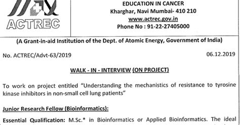 Actrec Mumbai Bioinformatics Jrf Walk In