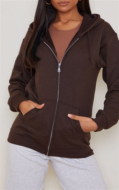 Brown Zip Front Hoodie Tops Prettylittlething