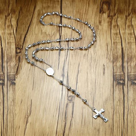 Stainless Steel Rosary Beads Cross Pendant Long Necklace For Men