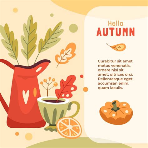 Premium Vector Autumn Illustration With Hot Drink Red Jug Pumpkin And Leaves Place For Text