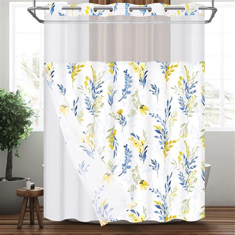 Ikfashoni Hookless Shower Curtain With Snap In Liner Yellow Blue Floral Waterproof Fabric No