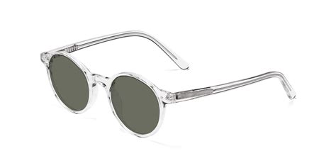 Clear Narrow Acetate Round Polarized Sunglasses With Gray Sunwear Lenses 17519