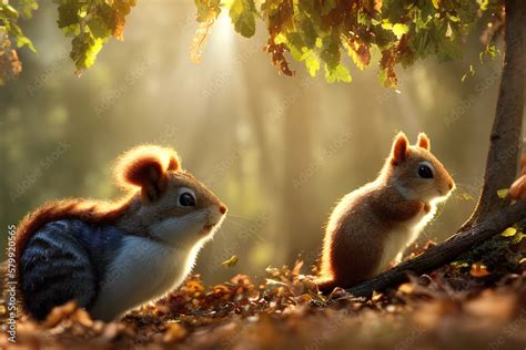 2 Cute Fluffy Squirrels On The Forest Floor Basking In Morning Glow