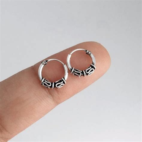 Pair Of Solid Real 925 Sterling Silver 10mm Bali Earring Hoops Oxidized