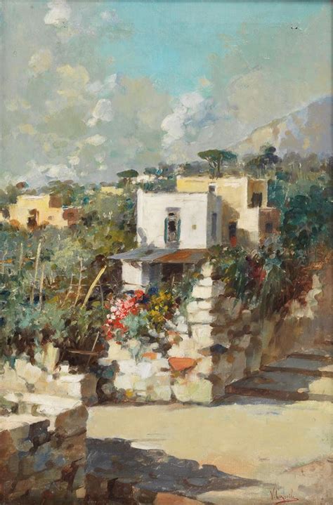 Vincenzo Caprile Signed Farmhouses In Capri Bright Oil Painting