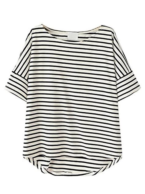 Persun Women Stripes Short Sleeves Dipped Hem T Shirt Top Brought To