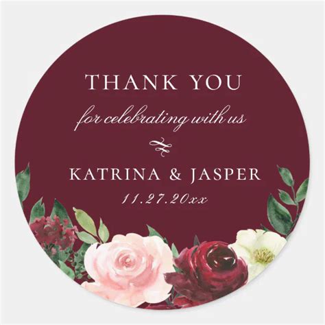 Burgundy Blush Floral Wedding Favor Classic Round Sticker Zazzle