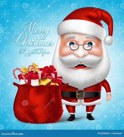 Santa Claus Cartoon Character Holding Bag Full Of Christmas Gifts Stock