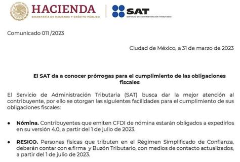 Nueva Pr Rroga Del Sat Para El Cfdi De N Mina Y Resico Contadormx