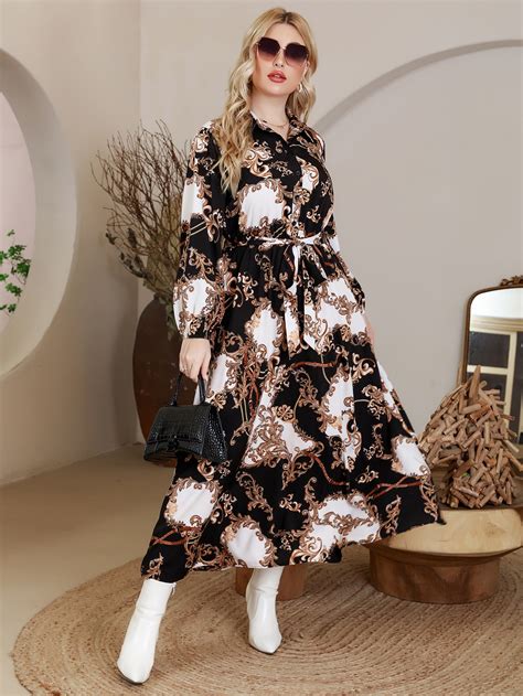 Plus Baroque Chain Print Bishop Sleeve Belted Shirt Dress Shein Usa