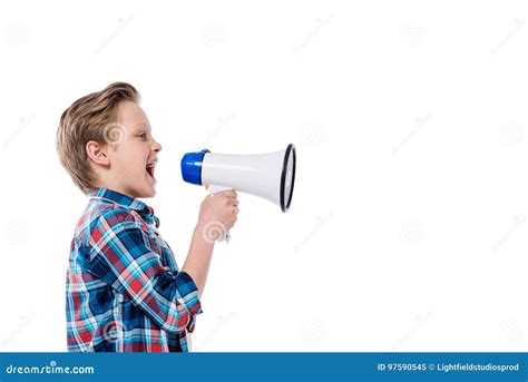 Side View Of Cute Little Boy Holding Megaphone And Screaming Stock