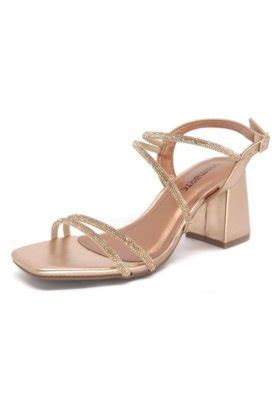 Sandália Via Marte Salto Grosso Tira Strass Rose Gold Compre