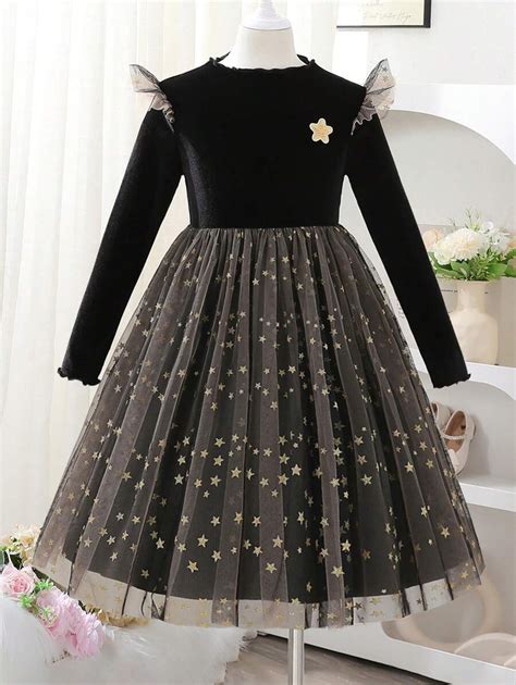 Shein Tween Girl Metallic Pentagonal Mesh Party Princess Dress Ideal