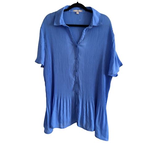 Woman Within Button Front Short Sleeve Blouse Accordion Pleats Blue