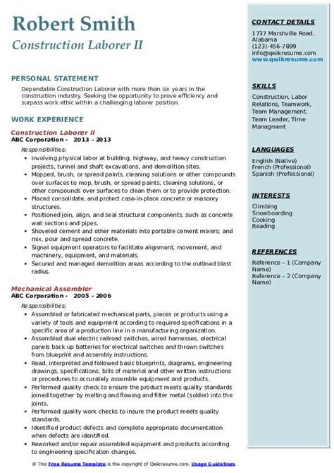 Construction Laborer Resume Samples Qwikresume