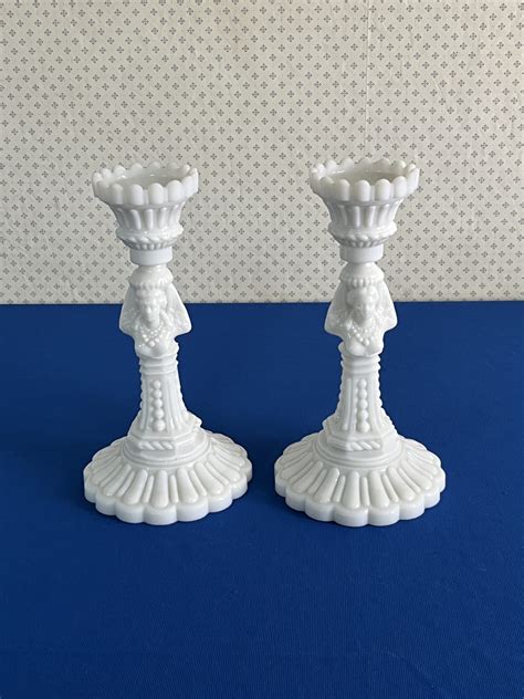 Lot Vintage Portieux Vallerysthal Milk Glass Candlesticks Van