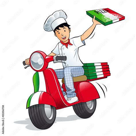 Pizzeria Livreur de pizza en scooter Stock 일러스트레이션 Adobe Stock