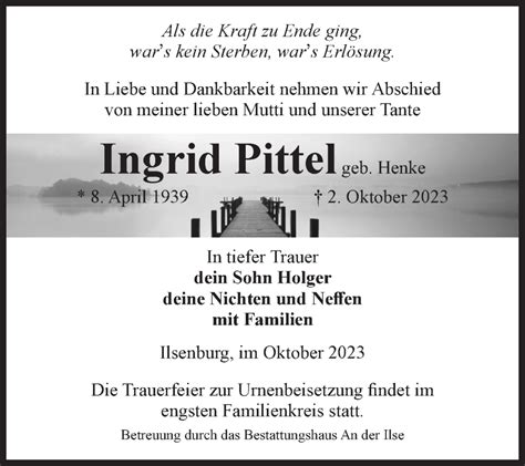 Traueranzeigen Von Ingrid Pittel Abschied Nehmen De