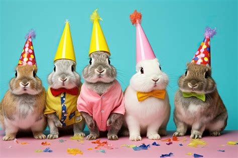 Premium Photo A Group Of Rabbits Wearing Party Hats