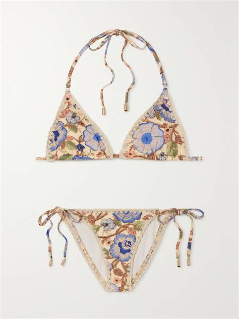 ZIMMERMANN Junie Metallic Crochet Trimmed Floral Print Triangle Bikini NET A PORTER