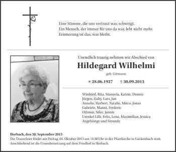 Traueranzeigen Von Hildegard Wilhelmi Rz Trauer De