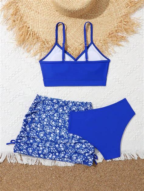 Conjunto De Mai Bikini Estampa Floral E Saia De Praia Para Meninas