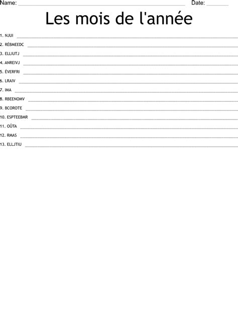 Les mois de l année Word Scramble WordMint