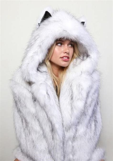 White Buttons Faux Fur Cat Ear Hooded Long Sleeve Elegant Cardigan Coat