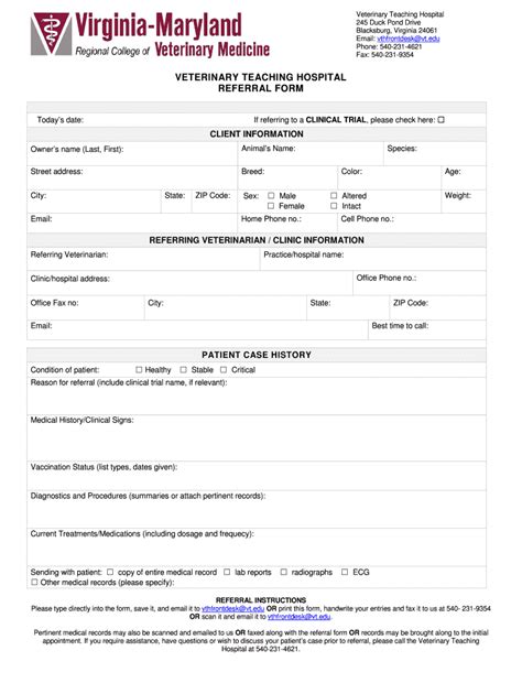 Fillable Online Vetmed Vt VETERINARY TEACHING HOSPITAL REFERRAL FORM