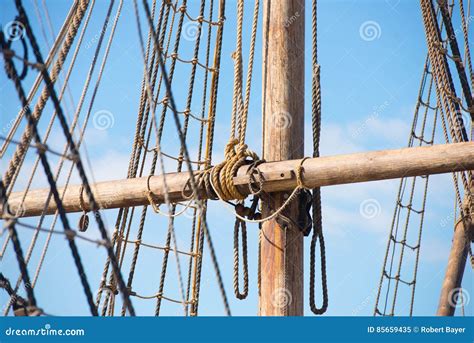 Wooden Mast Rigging And Ropes Of Old Sailing Boat Stock Image Image