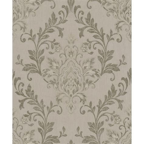 Metallic Dark Beige Ornamental Damask Design Vinyl On Non Woven Non