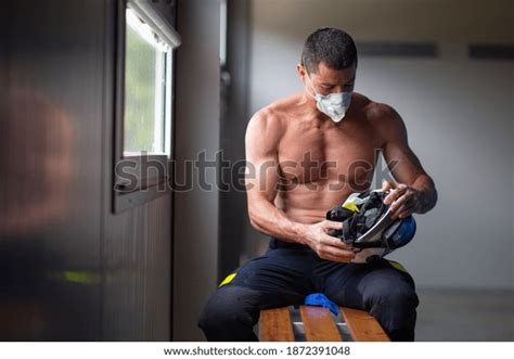 Strong Mature Male Firefighter Naked Torso Stock Photo