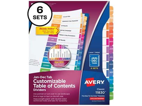 Avery Ready Index 12 Tab Dividers Customizable Toc 6 Sets 11830