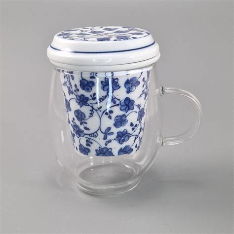 Taza De T Japonesa De Vidrio Y Cer Mica Con Tapa Motivos Azules Y