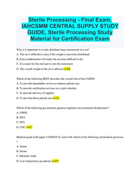 Sterile Processing Final Exam IAHCSMM CENTRAL SUPPLY STUDY GUIDE