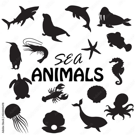 Sea Animals Silhouette Vector Illustration Stock Vector | Adobe Stock