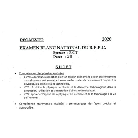 SUJET ET CORRIGE BEPC BLANC NATIONAL 2020 PCT