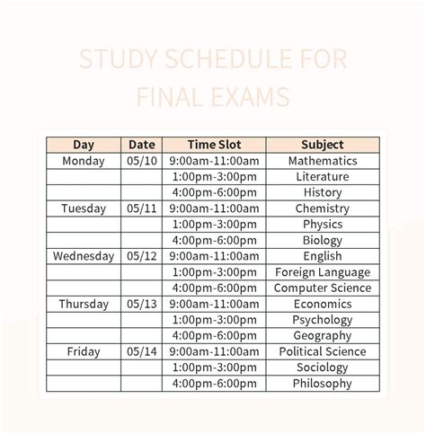 Study Schedule For Final Exams Excel Template And Google Sheets File