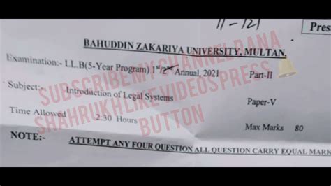 Bzu Llb Part Introduction Legal System Past Paper Annual Bzu