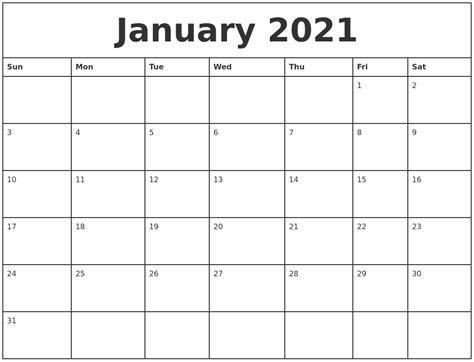 January 2021 Printable Monthly Calendar