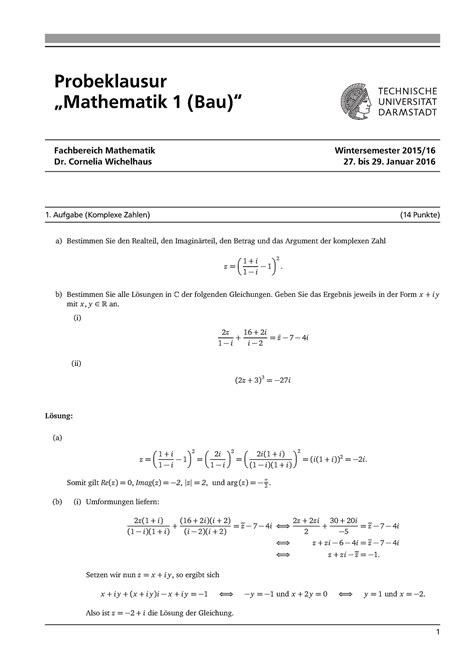 Probeklausur Wise L Sungen Probeklausur Mathematik Bau