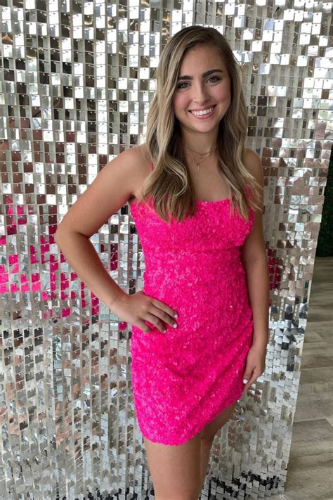 Straps Hot Pink Sequined Tight Homecoming Dress Bodycon Dress