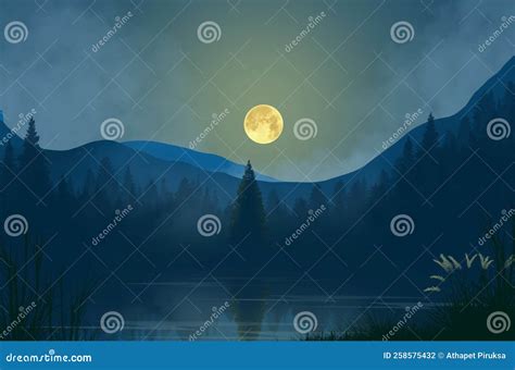 Beautiful Full Moon Over The Forest And The Lake In The Winter Stock