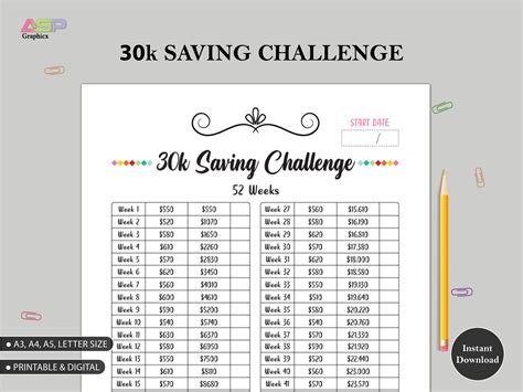 K Money Saving Challenge Printable In Weeks Etsy