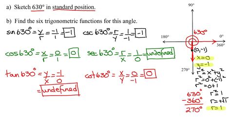 Draw 630 Degrees A Quadrantal Angle In Standard Position And Find Six Trig Functions For This