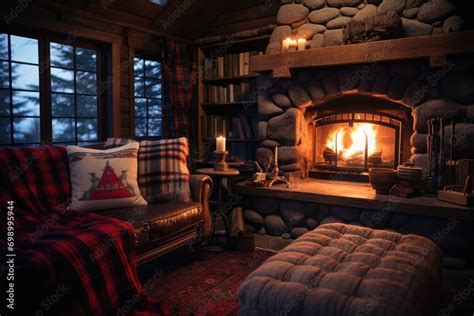 Cozy living room with fireplace, armchair and plaid, A cozy winter cabin interior with a roaring ...