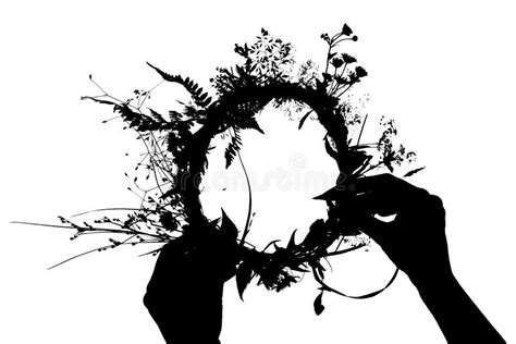 Silhouette Of A Herbal Natural Wreath In Hands On A White Background