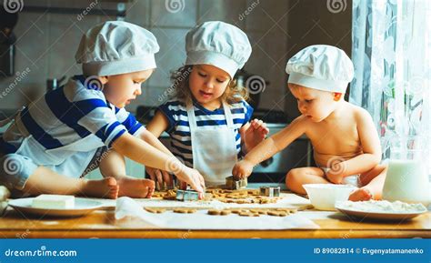 Happy Family Funny Kids Bake Cookies in Kitchen Stock Photo - Image of ...